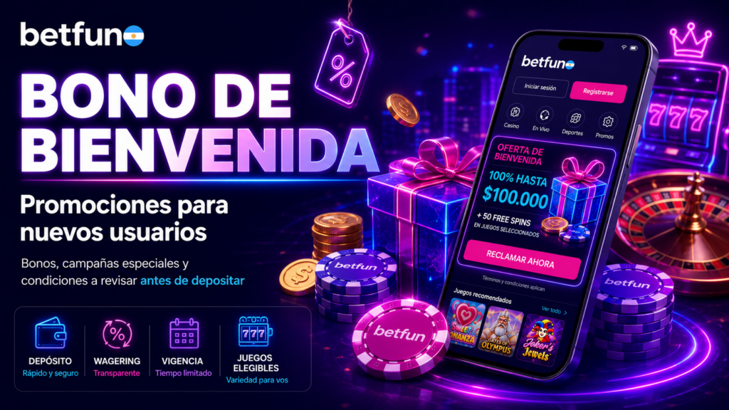 Promoción de bienvenida de Betfun con condiciones, wagering y juegos elegibles para nuevos usuarios