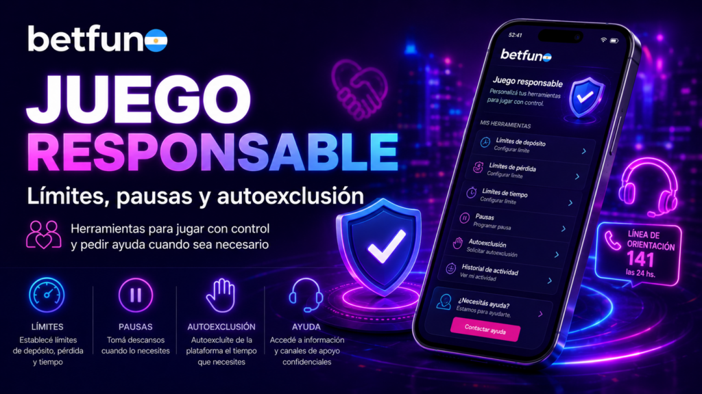 Juego responsable en Betfun con límites de depósito, pausas, autoexclusión y opciones de ayuda
